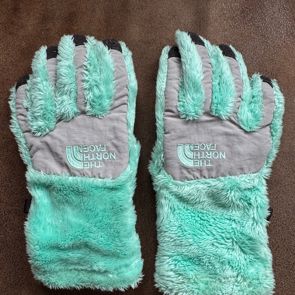 The North Face Mint and Gray Fuzzy Gloves for kids